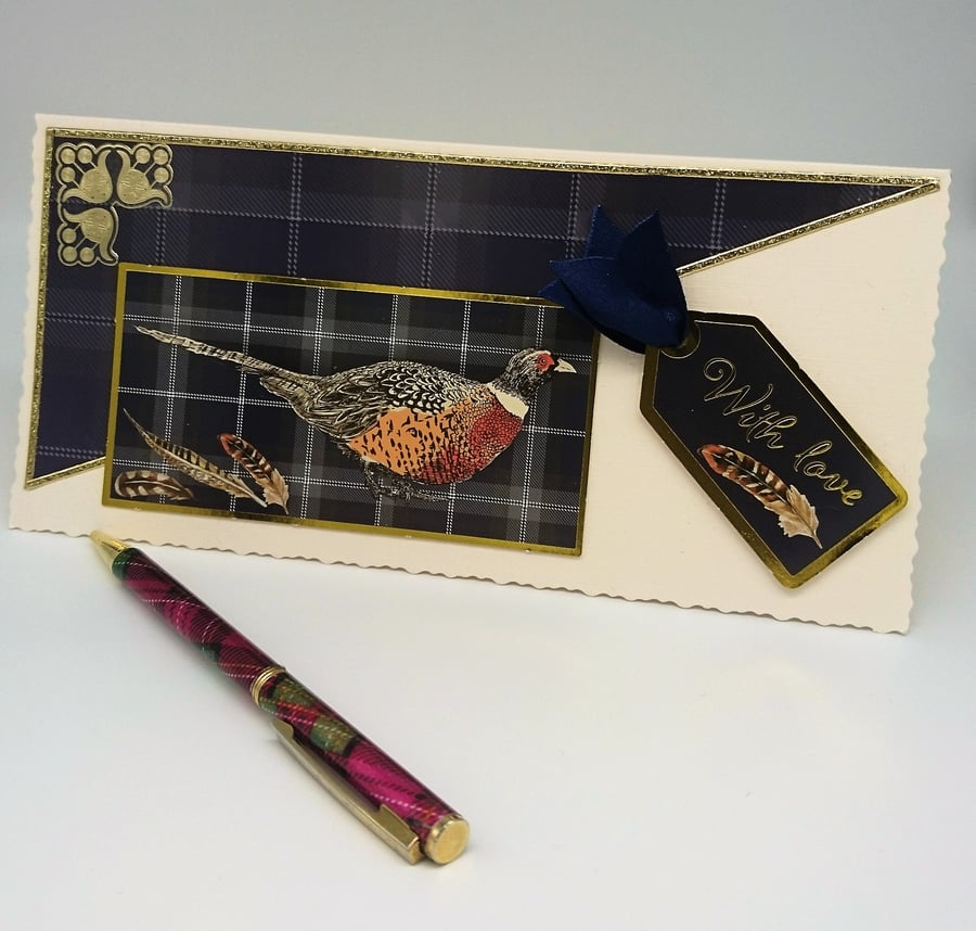 "With Love" Card, Cream, Tartan, Pheasant, Feathers, Ribbon FREE P&P U.K. 