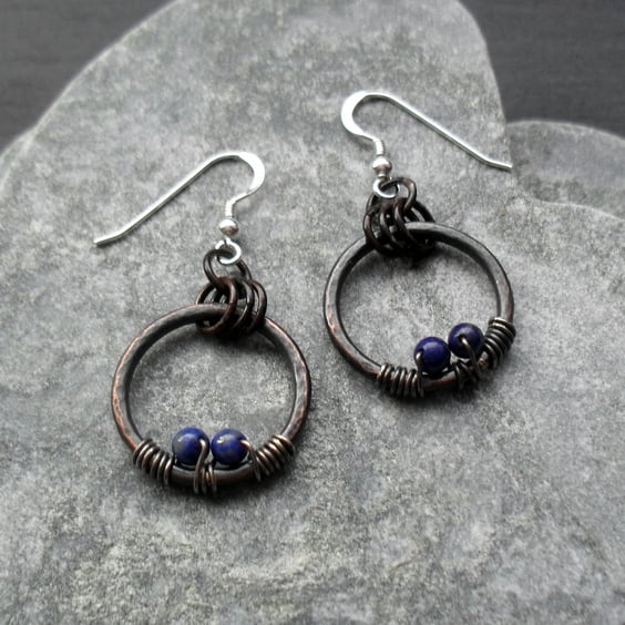Oxidised Copper Hoops Lapis Lazuli Sterling Silver Ear Wires Dangle Earrings