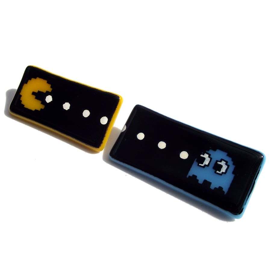 Pacman Brooch in Fused Glass with Screen Printed Kiln Fired Enamel