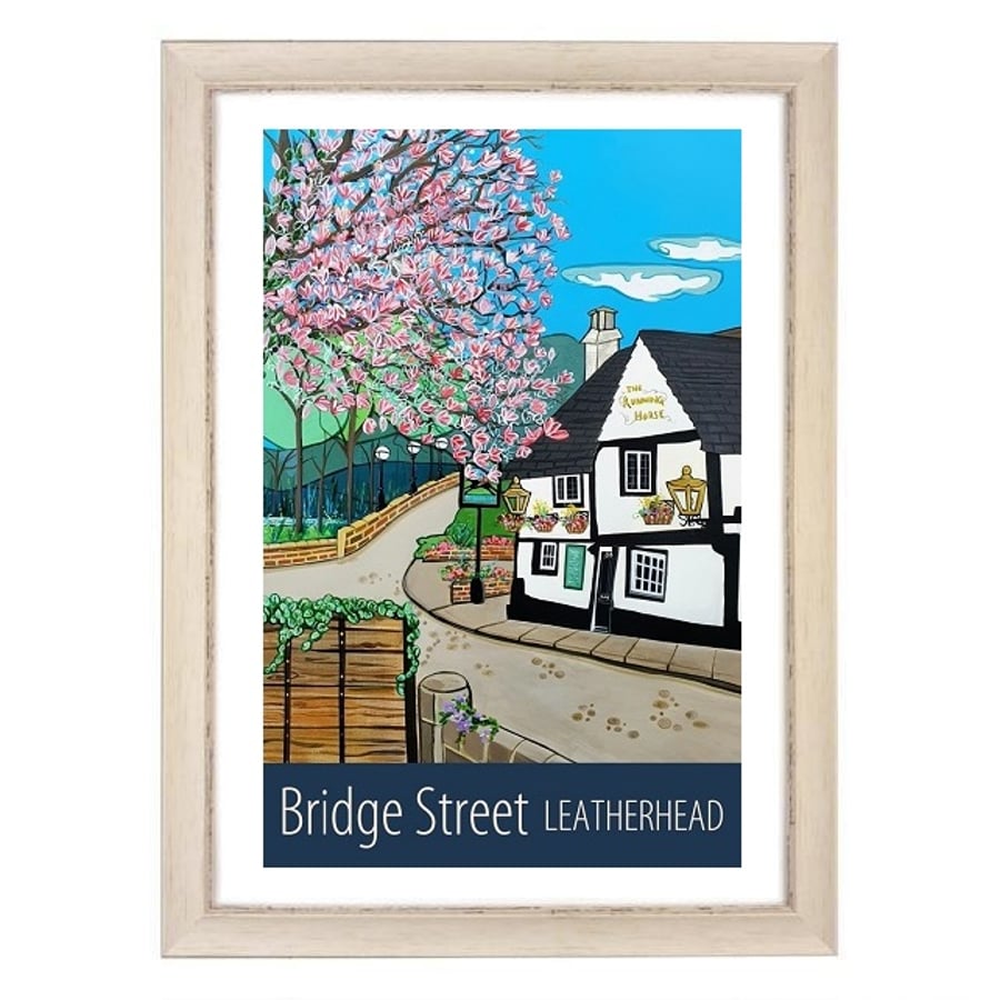 Leatherhead Bridge Street travel poster print by Susie West