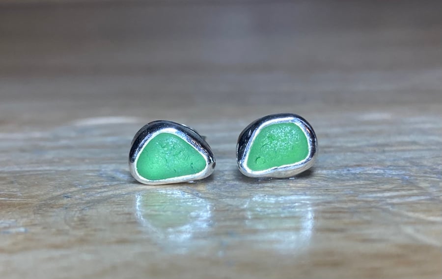 Handmade Sterling & Fine Silver Stud Earrings with Green Welsh Sea-Glass