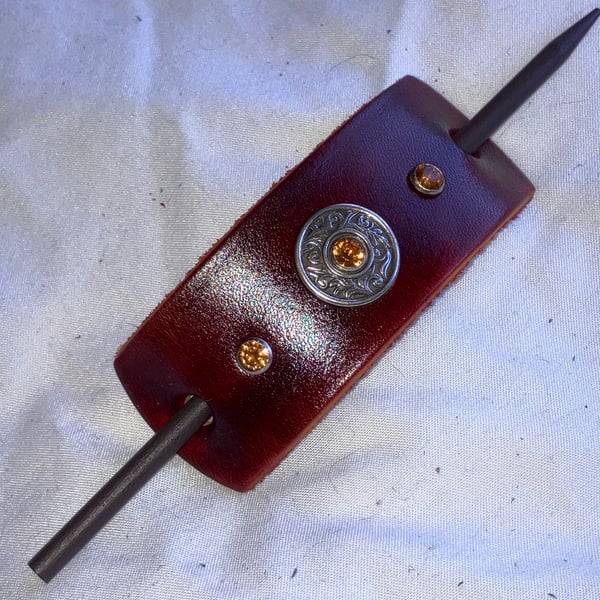 Brown Leather Hair Stick Barrette - Florentine Centre & 3 Amber Gems - FREE SHIP