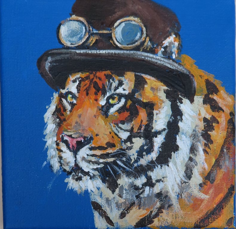 Steampunk Tiger Tiny Art Original Acrylic Painting on Canvas OOAK Retro Cat