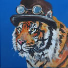 Steampunk Tiger Tiny Art Original Acrylic Painting on Canvas OOAK Retro Cat