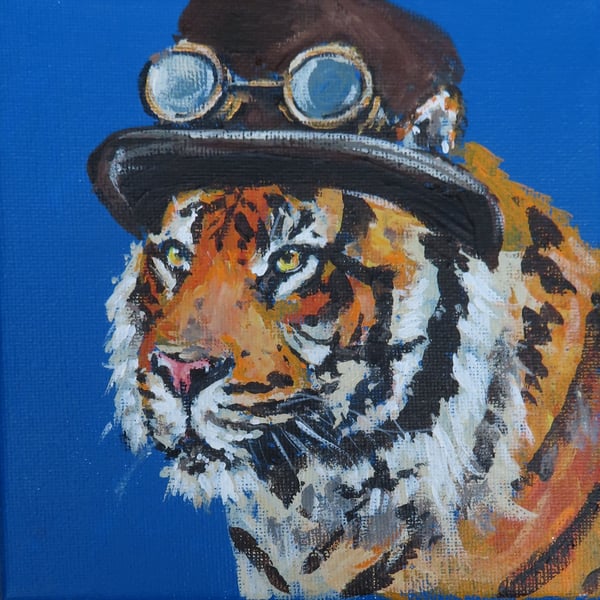 Steampunk Tiger Tiny Art Original Acrylic Painting on Canvas OOAK Retro Cat