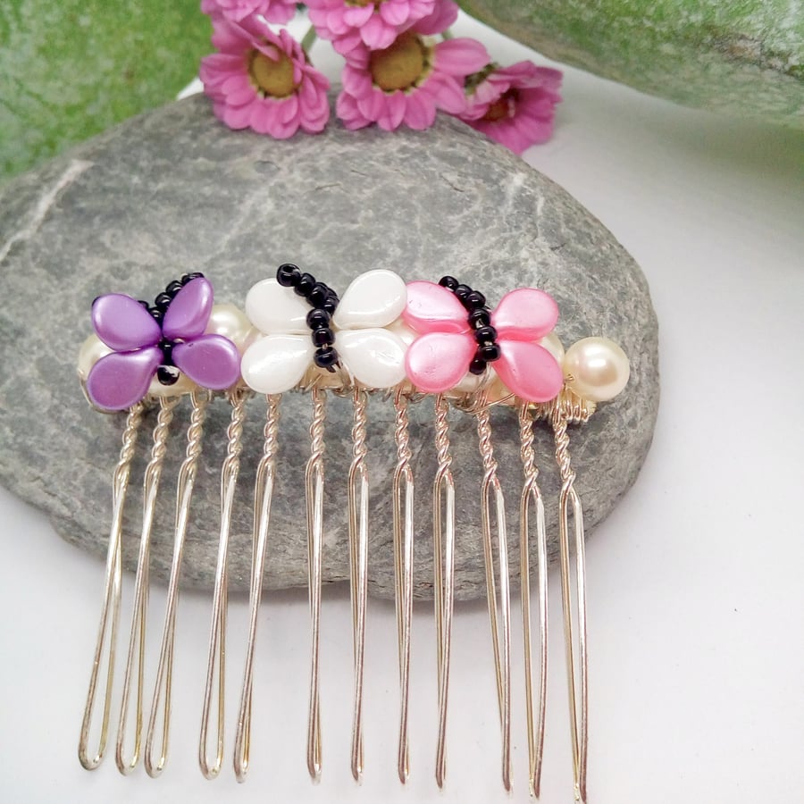 Pink Lilac & Cream Butterfly Hair Comb, Prom Hair Comb, Butterfly Hair Comb