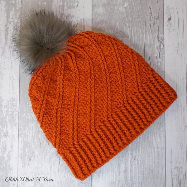 Copper, rust ladies swirl pom pom hat. Crochet hat. Ladies hat.