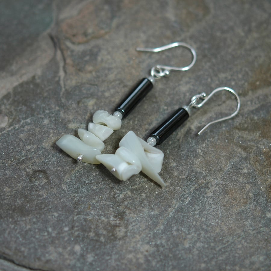 Sterling silver Drop Earrings with Mother of Pearl and Haematite,  E126