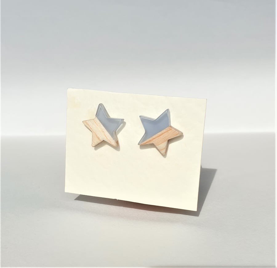 Light Wood And Pastel Powder Blue Resin Sterling Silver Star Stud Earrings