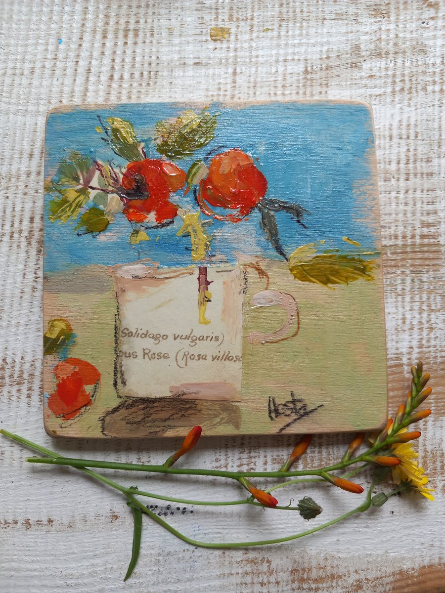 ' rose hips 'small painting on reclaimed wood
