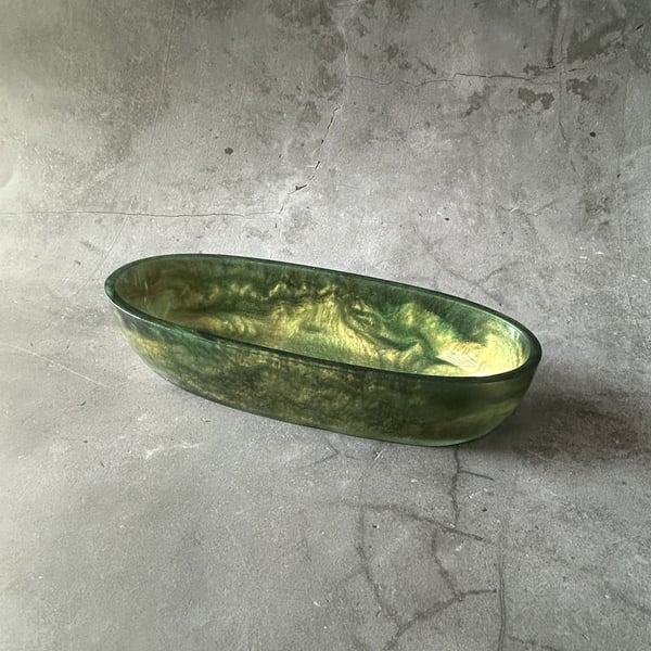 Green and Gold Resin Trinket Dish - Oval Key Tray