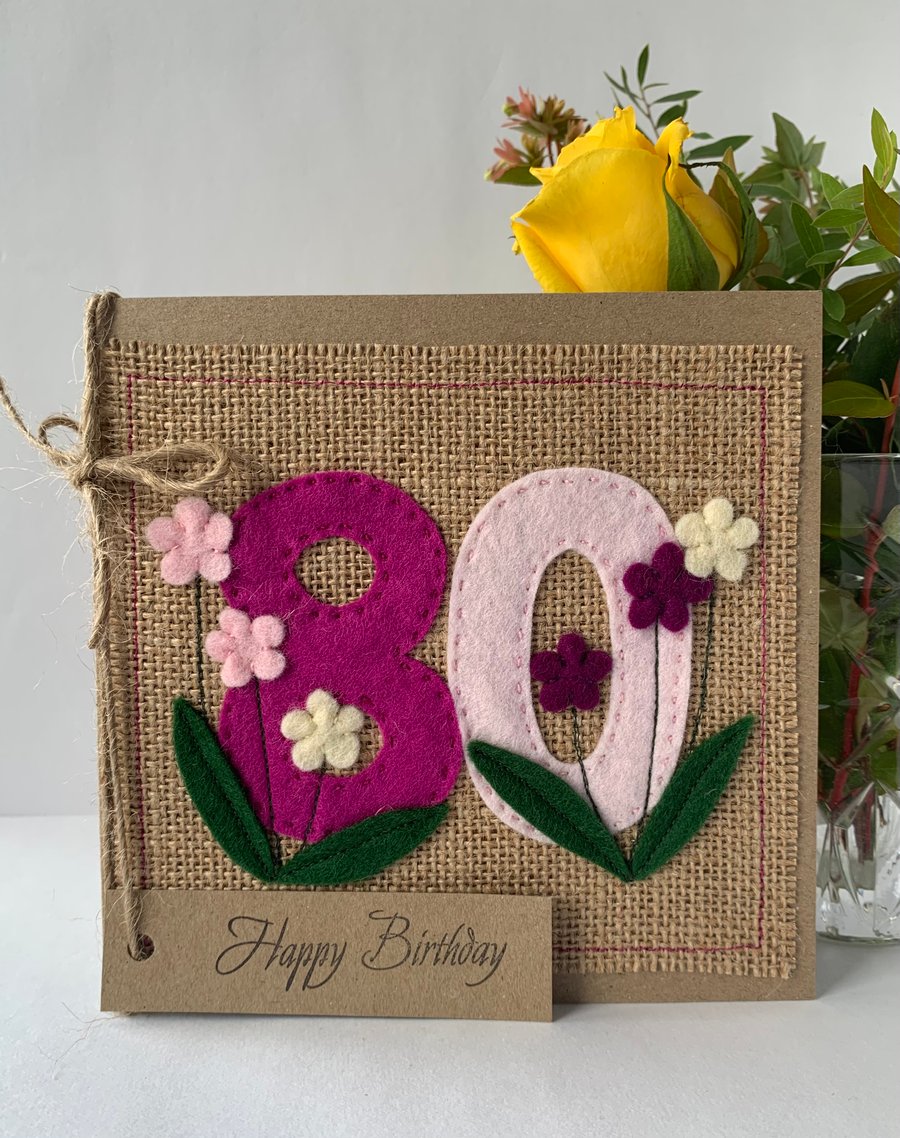 Handmade 80th Birthday Card from felt. Keepsake Card. Textile card.