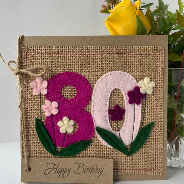 Handmade 80th Birthday Card from felt. Keepsake Card. Textile card.