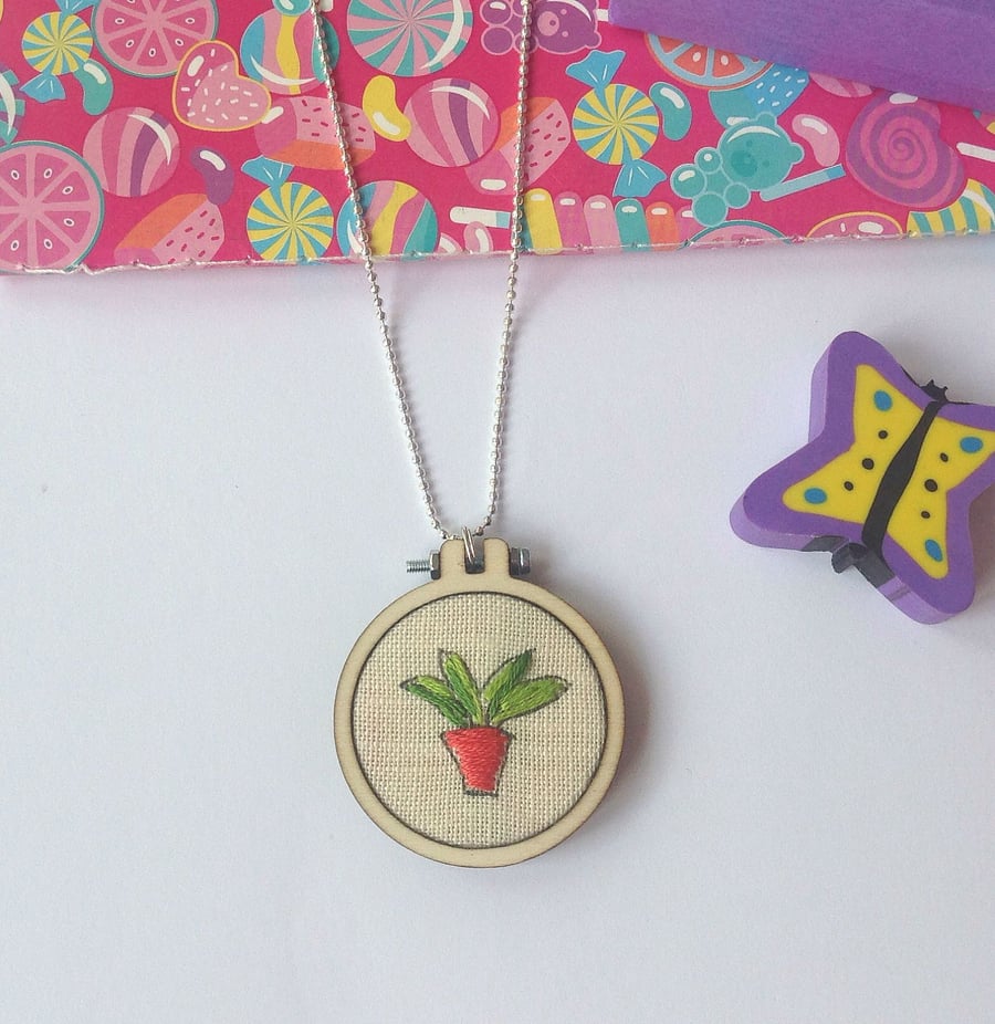 Hand Embroidered Mini Hoop Plant Necklace