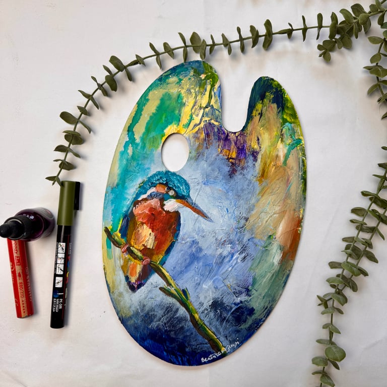 Original Artwork kingfisher - Painting on wooden Art Palette 