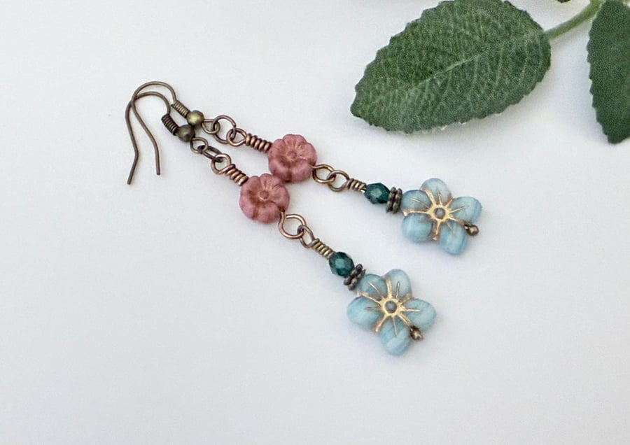 Summertime boho flower earrings in blue and pink