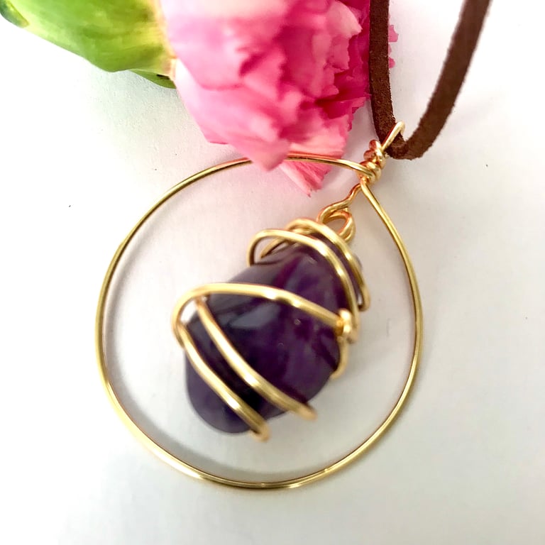 Amethyst Pendant - Large Stone Wrapped In Gold on Leather Cord 