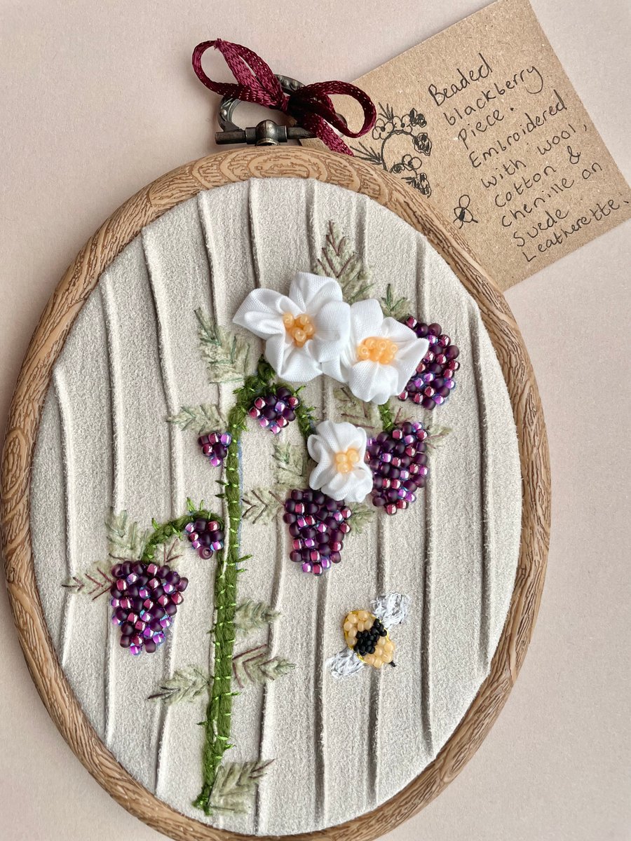 Blackberry canes and bumble bee beaded embroidered framed wall art piece