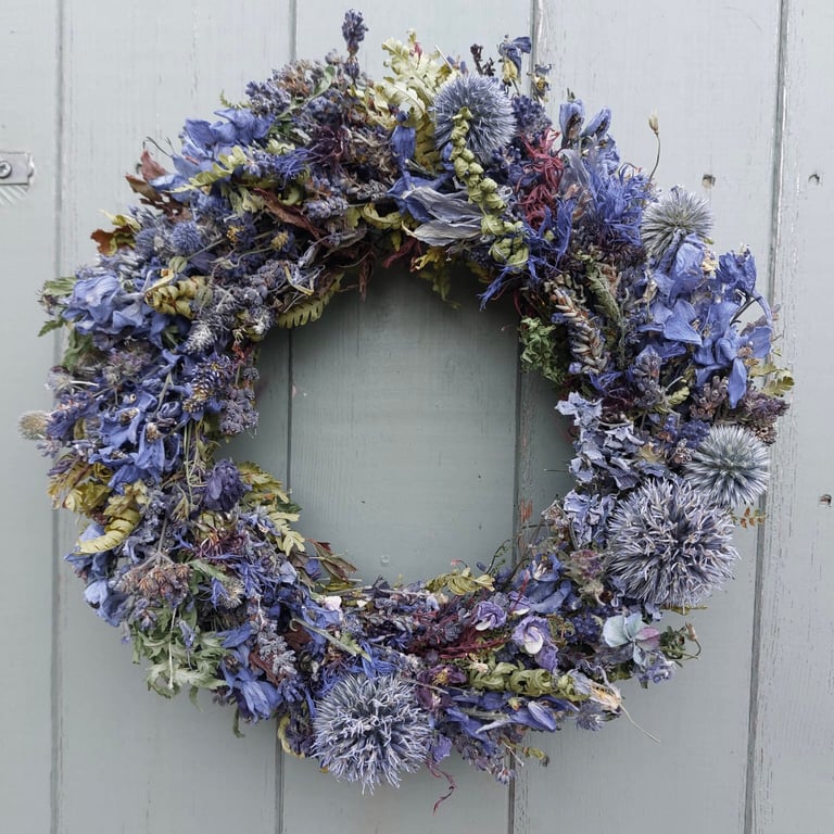 Dried Flower Wreath. 27cm Diameter. Handmade. Blue Flowers.