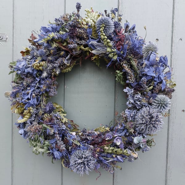 Dried Flower Wreath. 27cm Diameter. Handmade. Blue Flowers.
