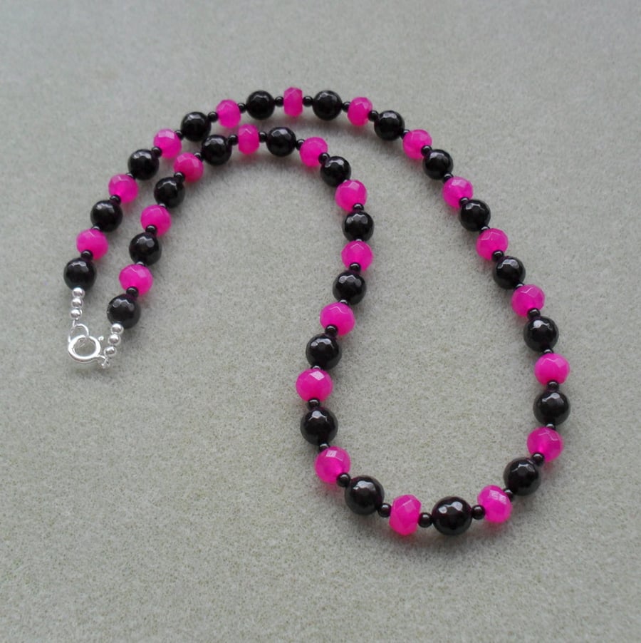Black Onyx and Fuchsia Pink Chalcedony Sterling Silver Necklace