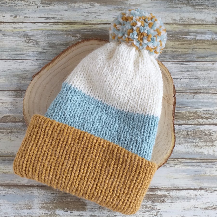 Knitted Winter Hat, Alpaca & Acrylic Colour Block Pom-Pom Hat