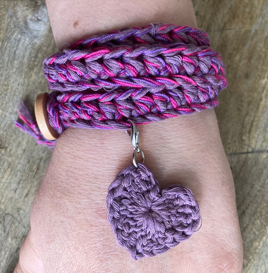 Crochet wrap bracelet with matching pocket hug heart and charm