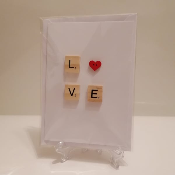 Scrabble Love Handmade greetings card with a red button heart 