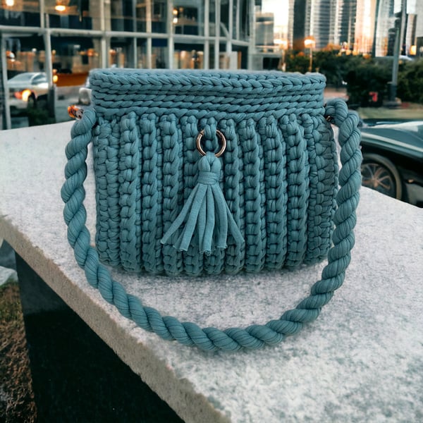 Unique Noble Peacock Blue Crocheted Handbag