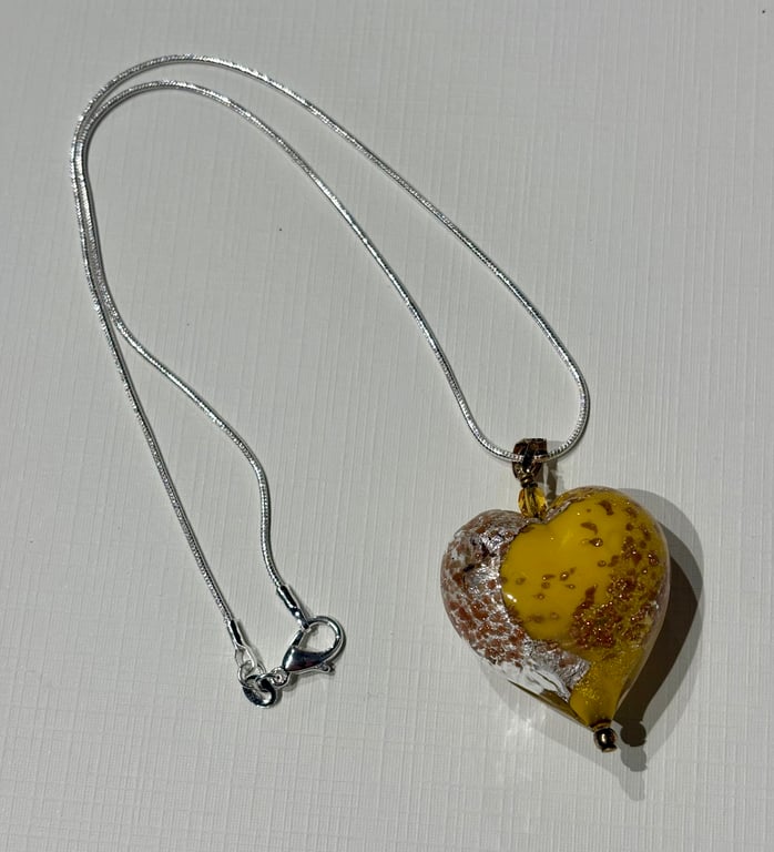 Authentic Yellow Murano Glass Heart Necklace with Gold Leaf