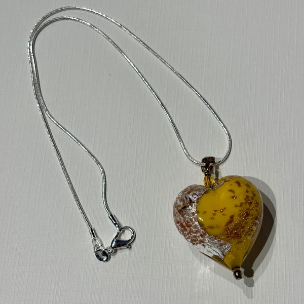 Authentic Yellow Murano Glass Heart Necklace with Gold Leaf