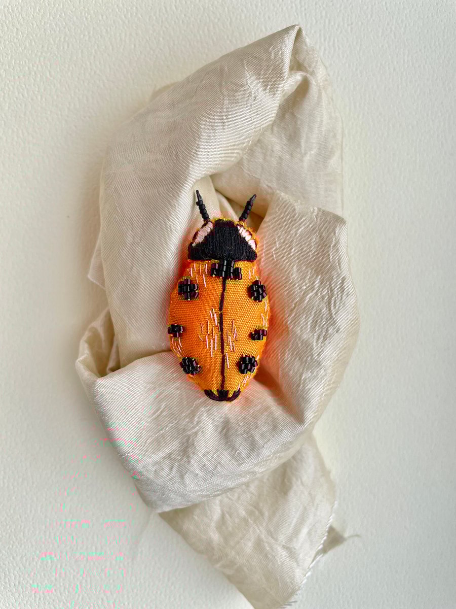 Ladybird brooch, orange felt insect embroidered pin. Ladies lapel gift