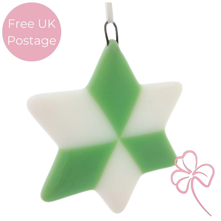 Mint Green & White Fused Glass Star Christmas Tree Decoration