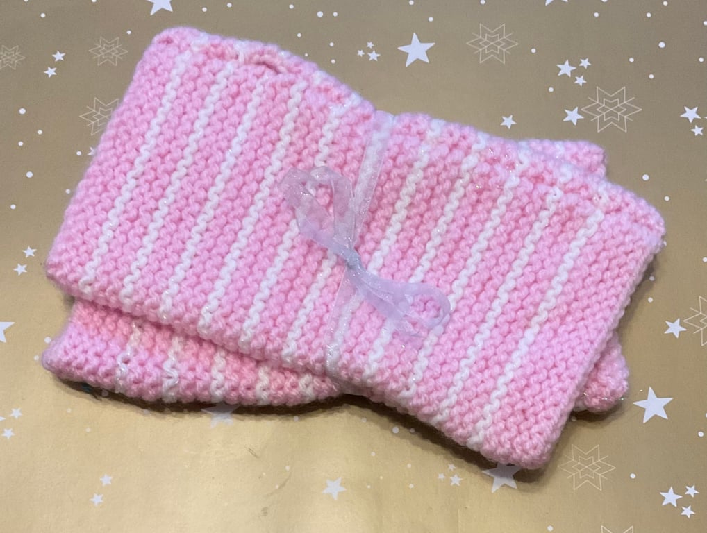 Fingerless Mittens Pink & White stripes Adult size