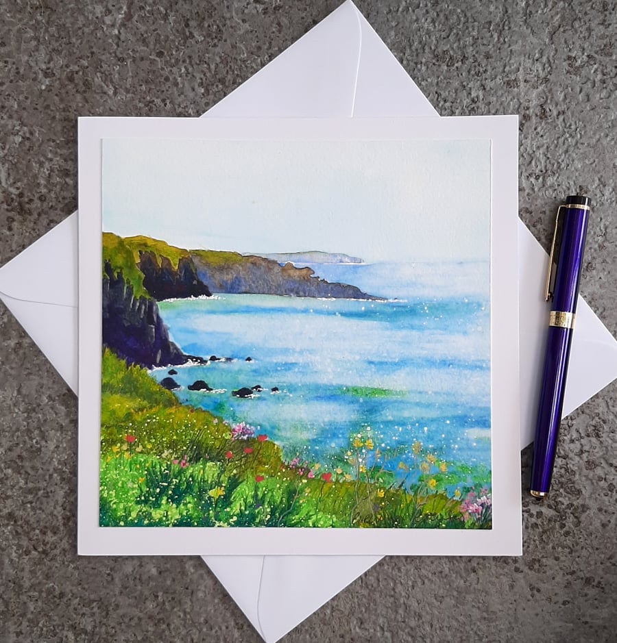Handpainted Watercolour Blank Gift Card of Clifftop Wildflowers