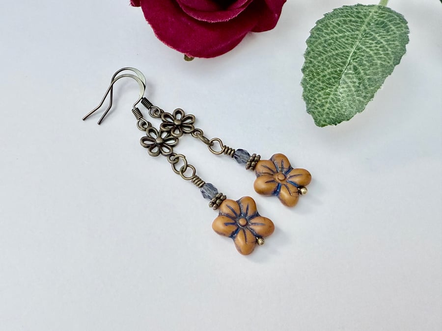 Bohemian flower earrings in deep orange and bronze
