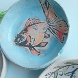 Ceramic trinket dish handpainted rustic earthenware pottery-gold fish koi