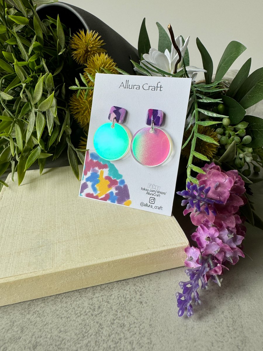 Iridescent Circles & Purple-Pink Square Earrings 