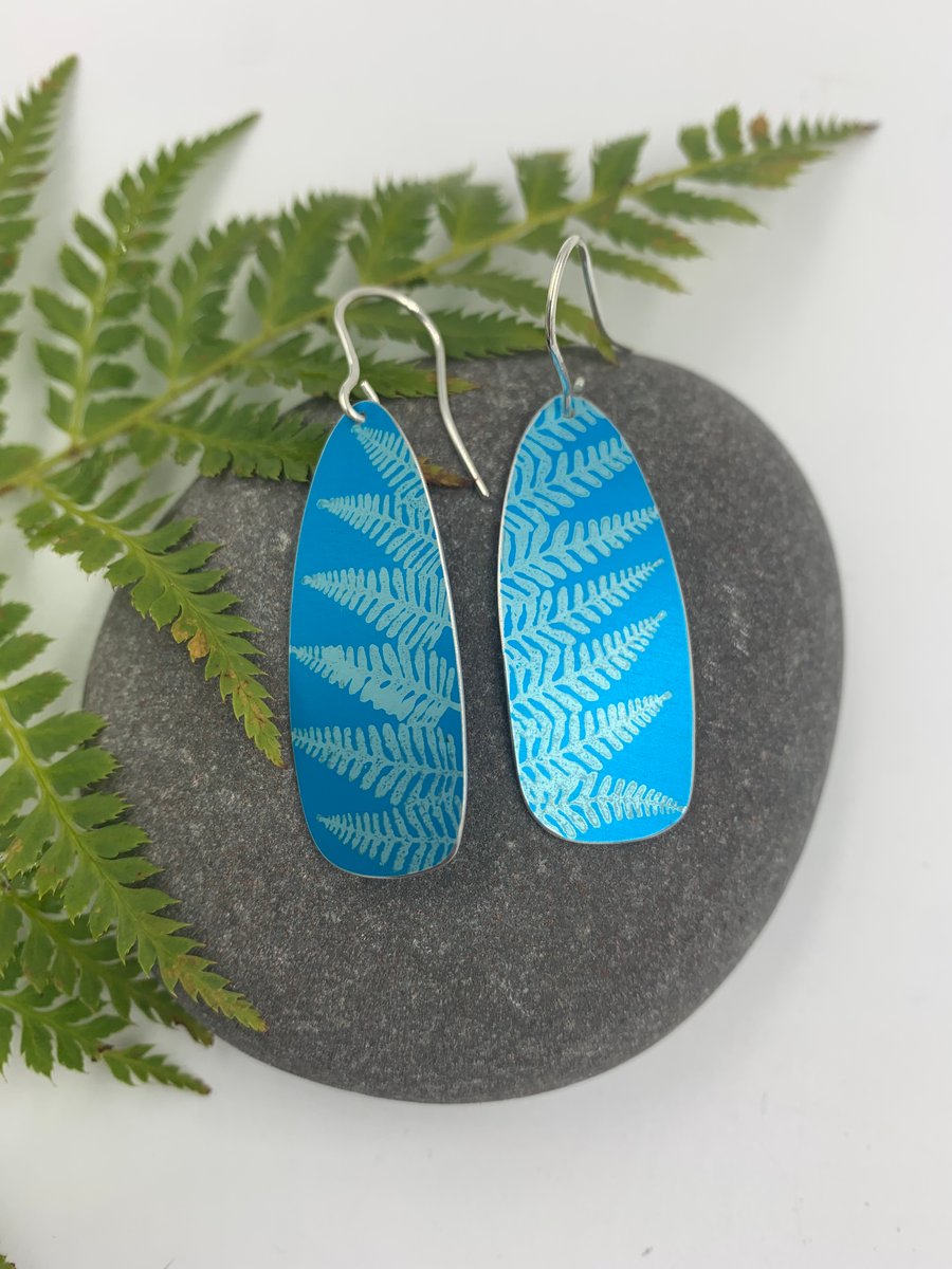 Turquoise fern print aluminium earrings