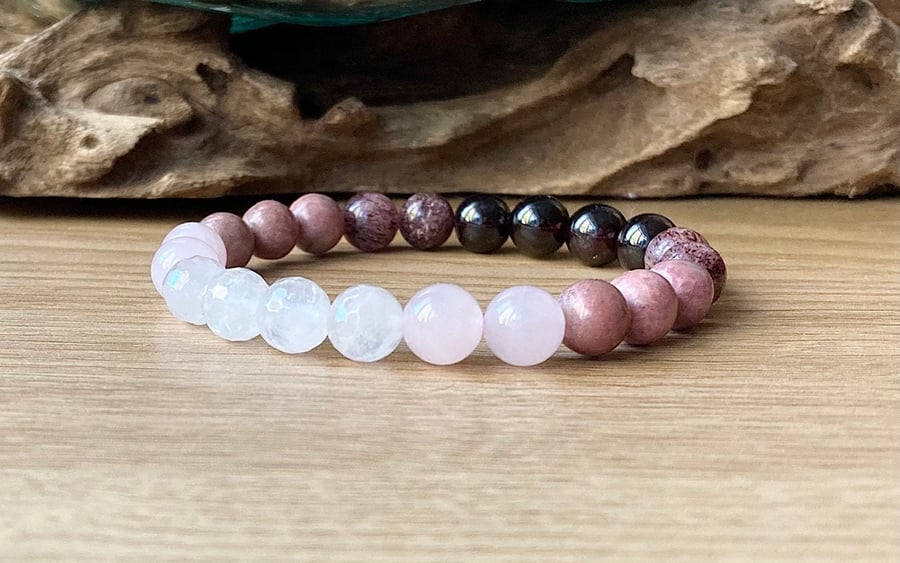 Heart Balance Gemstone Bracelet, Garnet, Rhodinite and Rose Quartz