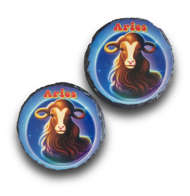 Aries Star Sign Round Rock Slate Coasters Set Of 2. Birthday Christmas Coaster