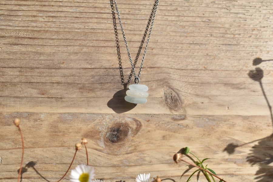 Stacked Sea Glass and Recycled Sterling Silver Necklace, Frosted White