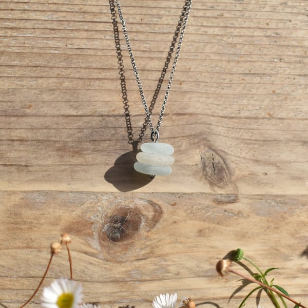Stacked Sea Glass and Recycled Sterling Silver Necklace, Frosted White