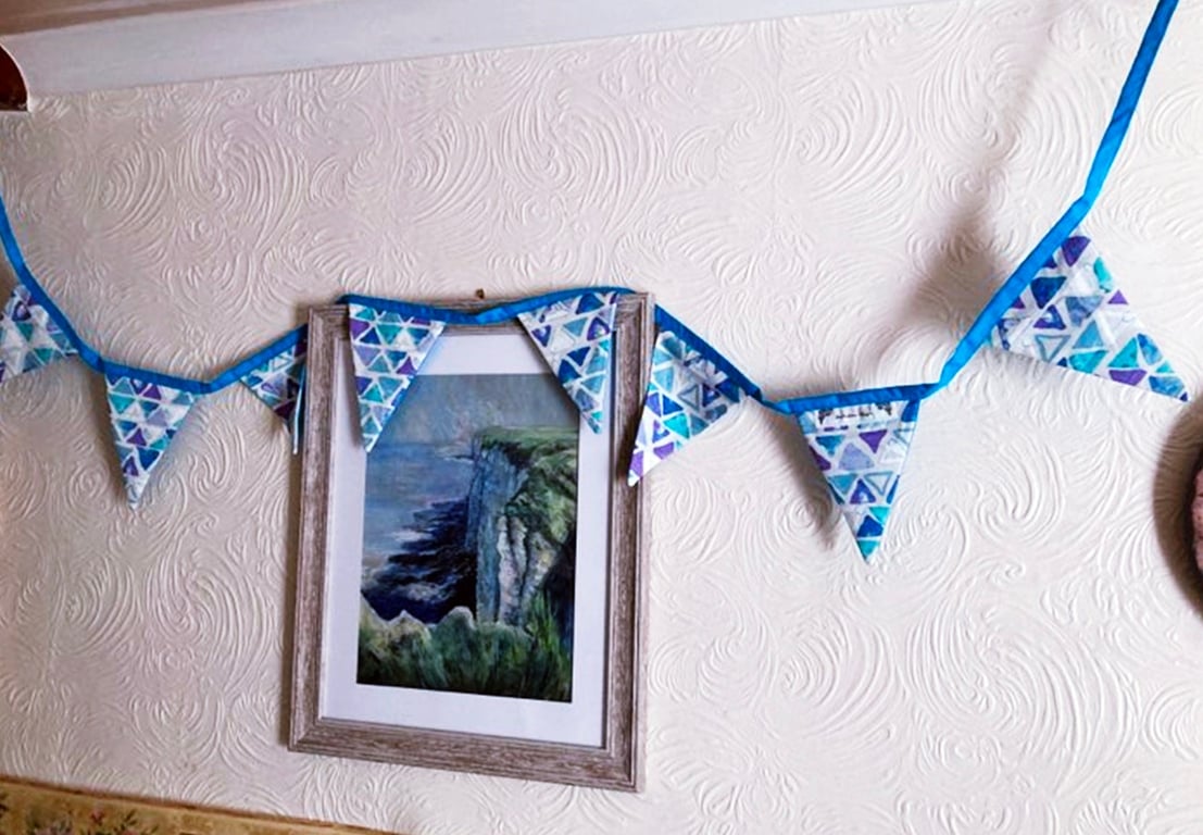 Blue Purple Cotton Bunting, 8 flags 2.2 metres Bunting, handmade in Yorkshire