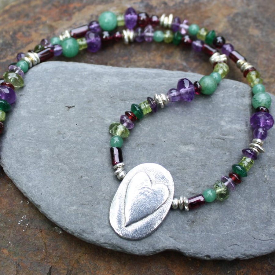Loved  Silver heart and gemstone necklace  