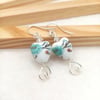 Heart Earrings-Teal & Brown Floral Porcelain Dangles with Preciosa Crystals