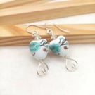 Teal & Brown Floral Porcelain Dangles with Preciosa Crystals, Gift Boxed