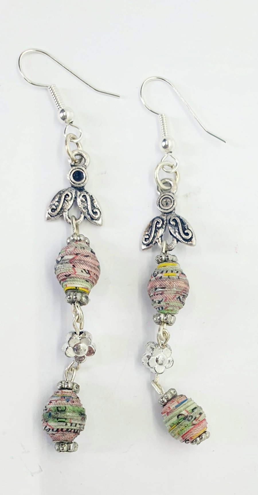 Long delicate paper beaded dangle earrings made with old map of Rome