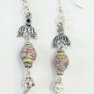 Long delicate paper beaded dangle earrings made with old map of Rome