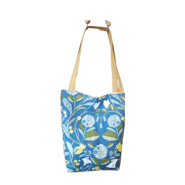 Tote bag: teal floral & white rabbits